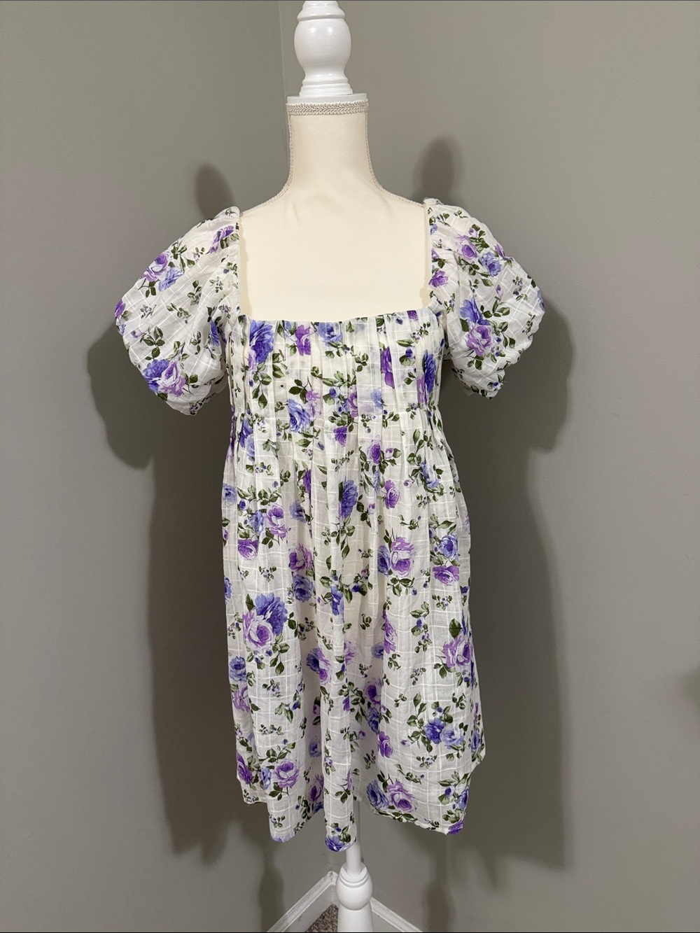 Floral Puff Sleeve Square Neck Dress - Purple on White